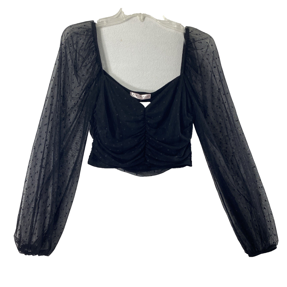 Blue Blush Crop Top Womens Large Black Mesh Polka Dot Whimsygoth Coquette Fairy